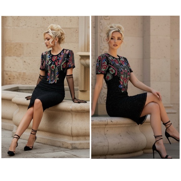 Vintage Black Beaded Sequin Cocktail Dress | Floral Art Deco Embellished Sheath - Picture 2 of 16